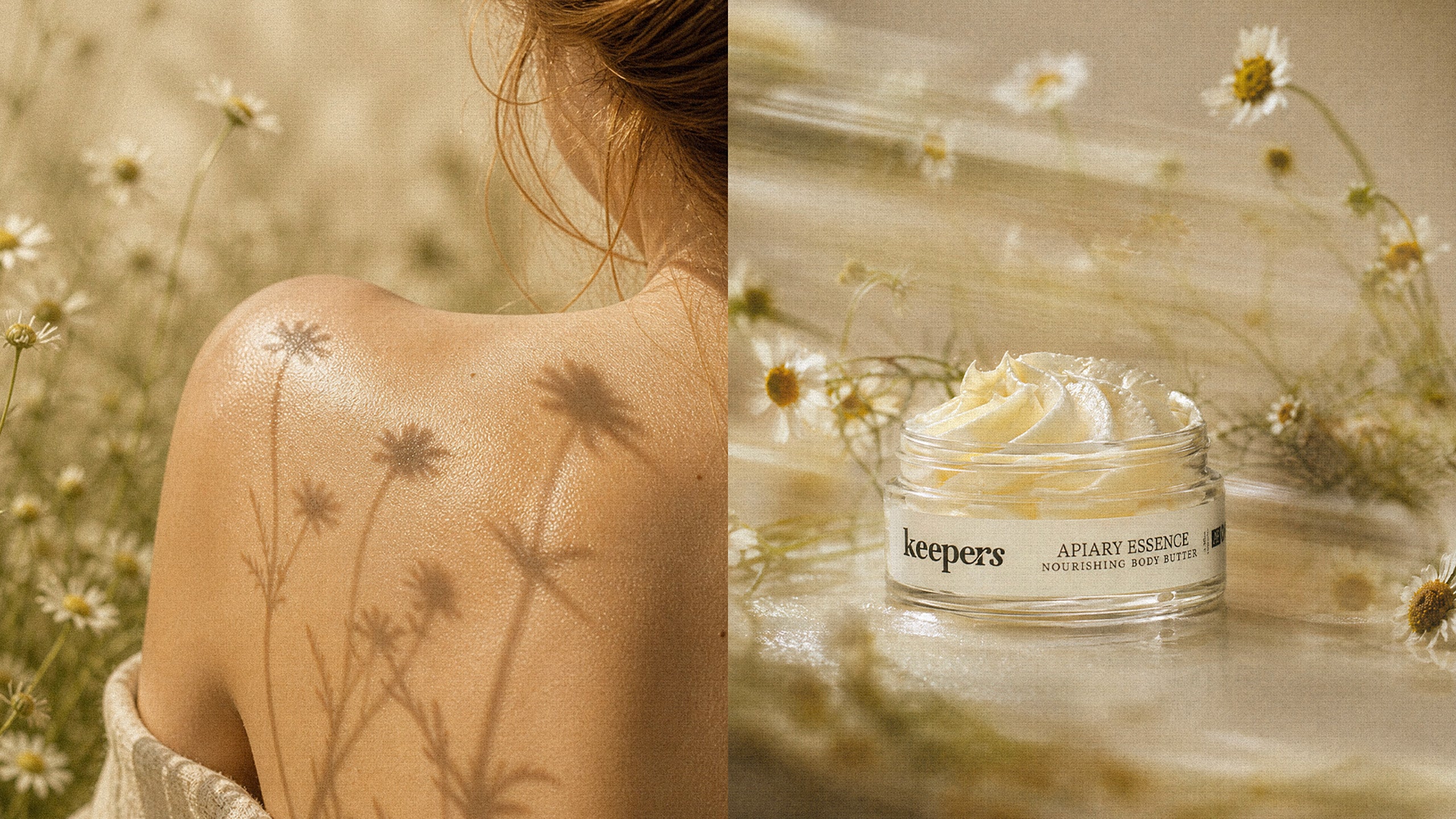 Two images: one of a person with floral tattoos and another of a jar of cream labeled 'keepers' on a natural background.